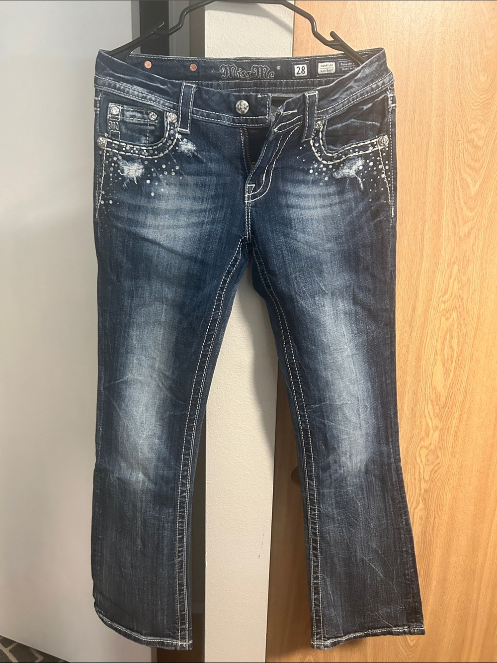 Miss Me Dark Blue Boot Cut Jeans with Rhinestone Detail